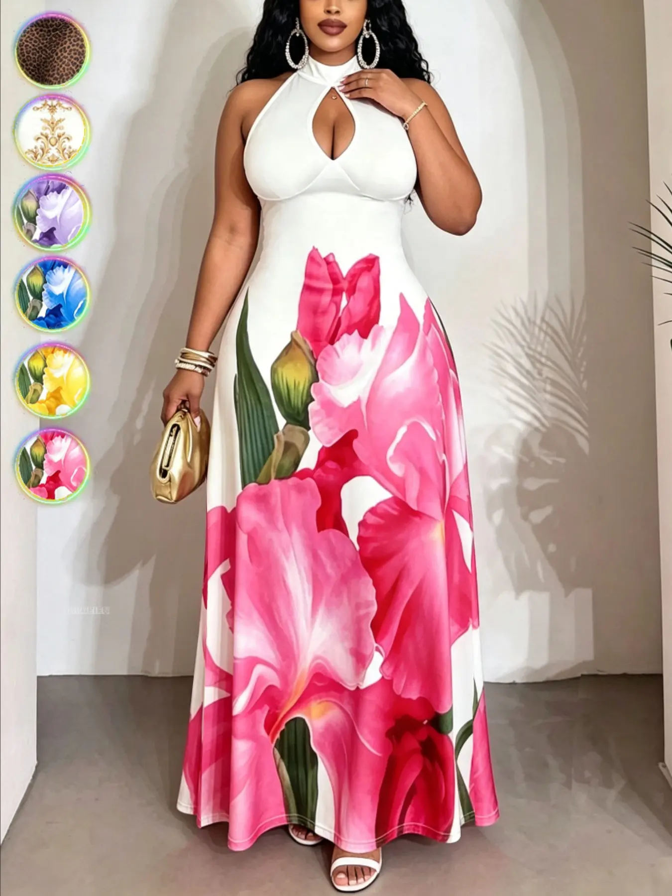 Plus Size, Print, Halter, Cutout, Open Back Dress, Sexy, Waist Cinching, Bodycon, Maxi Dress, Vacation, Party, Holiday, Business, Date, Stretch, Lightweight, Summer Dress
