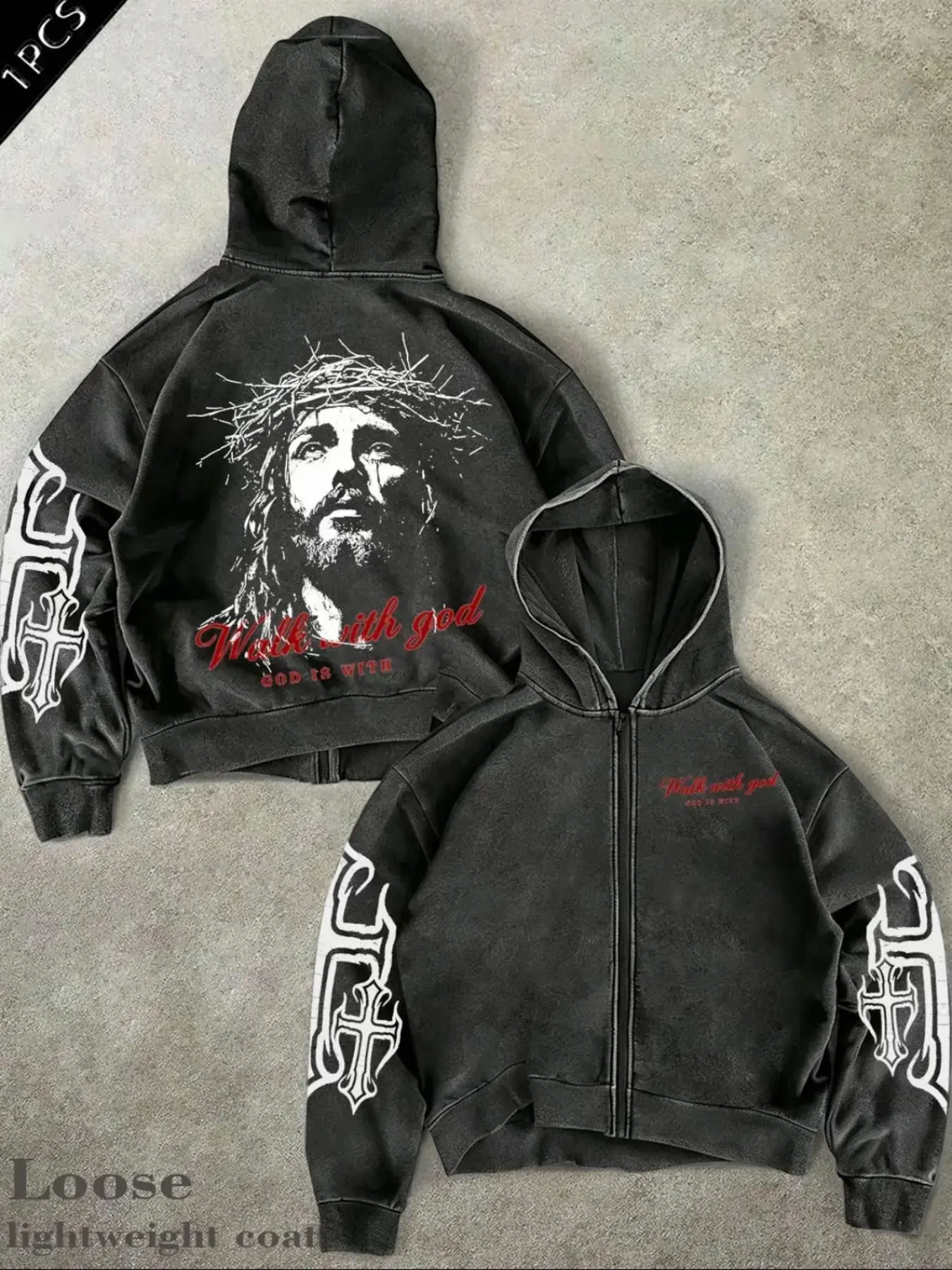 Men's Zip Up Hoodie, Vintage Washed Jesus Cross Graphic Print Full-Zip Hooded Jacket, Walk With God Letter Print Long Sleeve Loose Streetwear Coat, Y2K Goth Oversized Hooded Sweatshirt