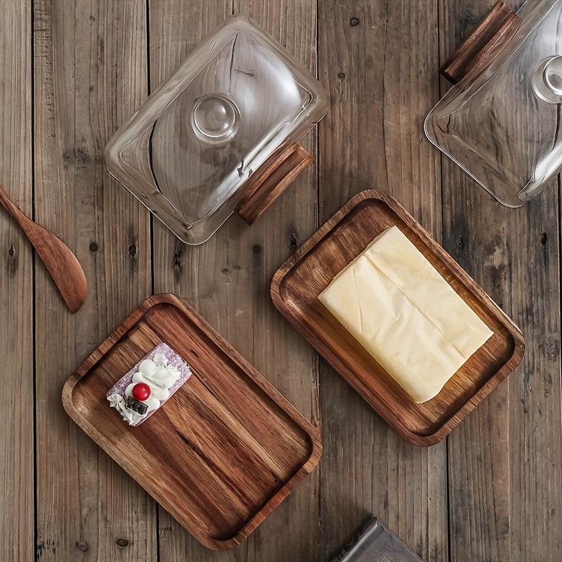 A Wooden Butter Dish with a Glass Lid And Wooden Knife, Suitable for Butter, Cheese, And Snacks - a High-Quality Essential for Kitchen Baking, Featuring a Covered Butter Dish, a Snack Serving Tray, Elegant Table Decor, And Durable Kitchenware