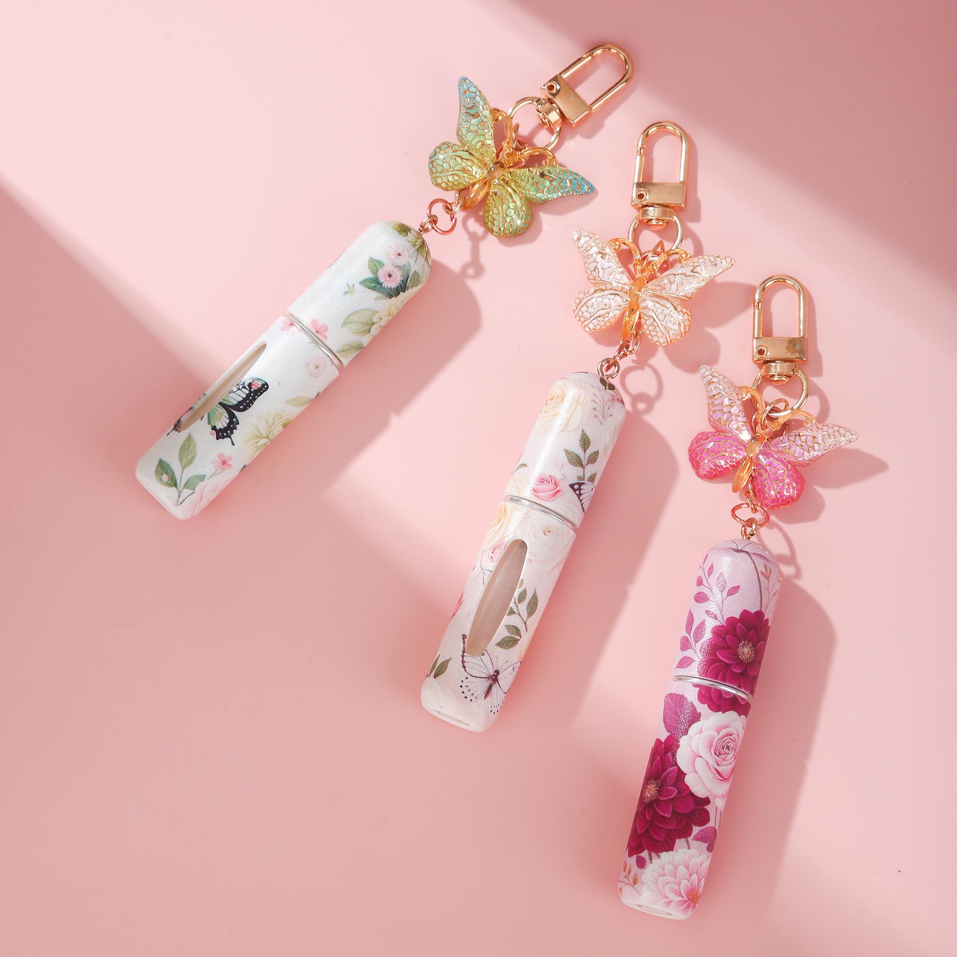 5Pcs butterfly perfume refillable bottles with girly style. 5ML bottom filling design, can be used as keychain and bag charm. Portable travel size for easy fragrance refill, delicate and stylish for daily use.