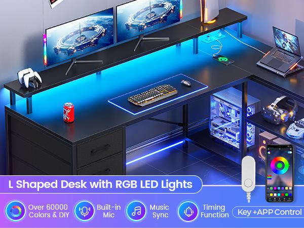 SEDETA 47.2 Inch L Shaped Desk with 4 Drawers and Storage Shelves L Shaped Gaming Desk with LED Lights Power Outlets