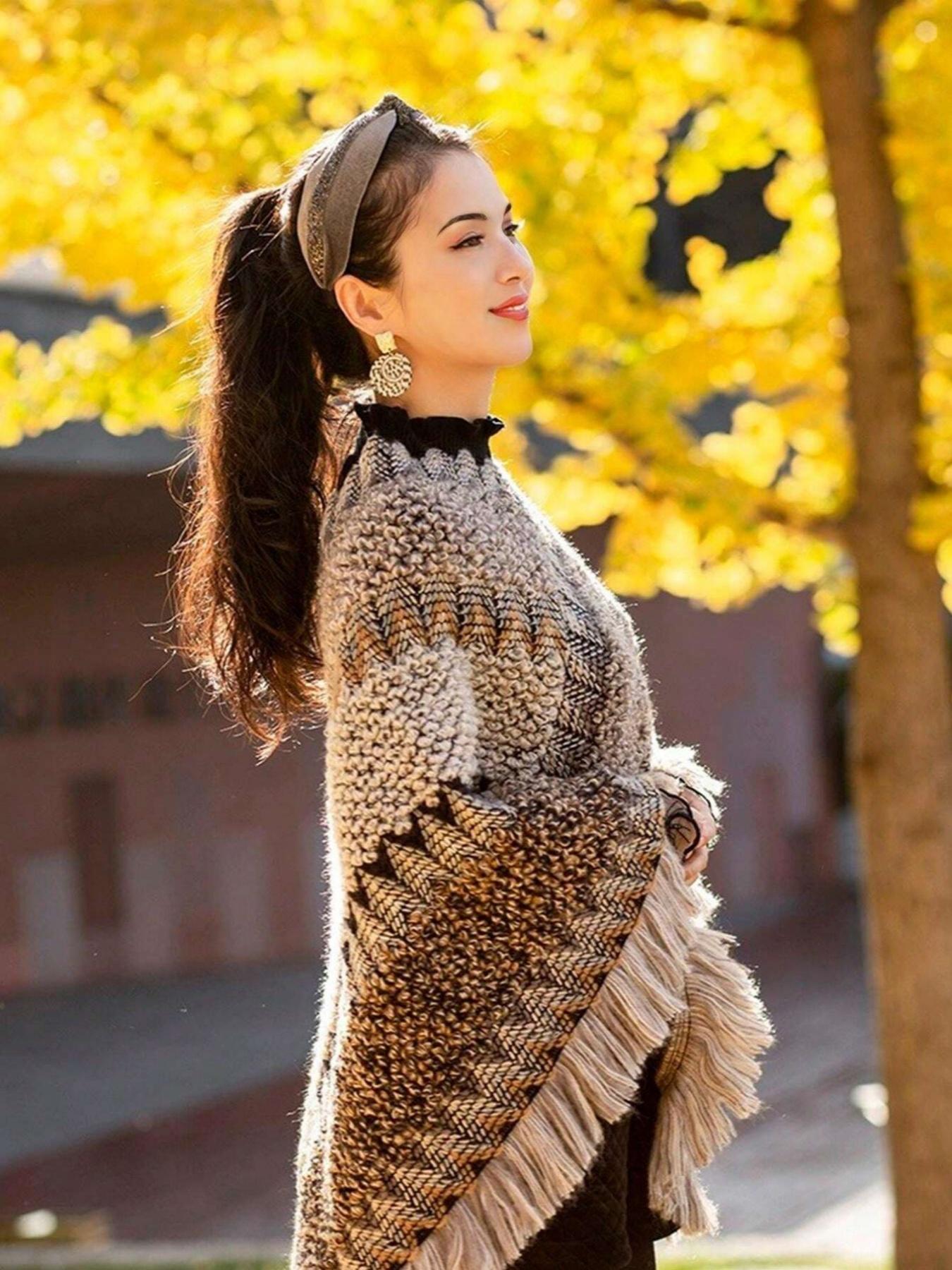 1pc Herringbone Tassel Shawl, Boho Style Shawl, Shawl Cape, Fashion Versatile Travel Poncho, Warm Scarf Wrap, Tassel Decor Shawl