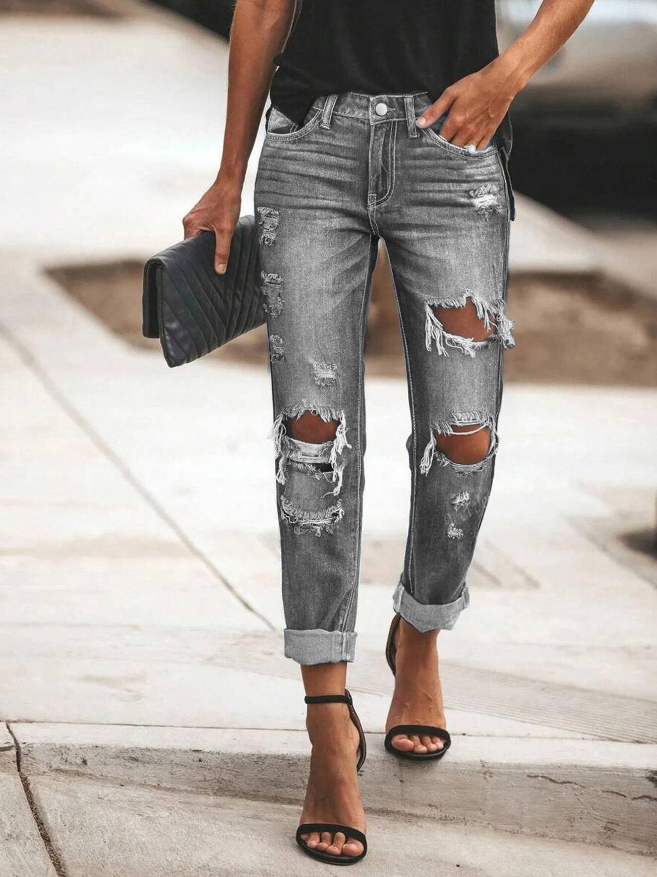 Women's Washed Denim Jeans Casual Fashion Ripped Slim Fit Straight Leg Pants Elastic Fabric All Seasons Versatile Date