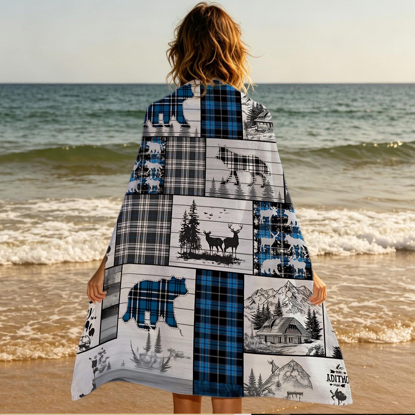 Retro Log Cabin Animal Print Beach Towel, Unique Wilderness Patchwork Beach Towel, Multi‑Color Checkered Oversized Beach Towel—Absorbent and Quick‑Drying, Perfect for All Kinds of Summer Outings