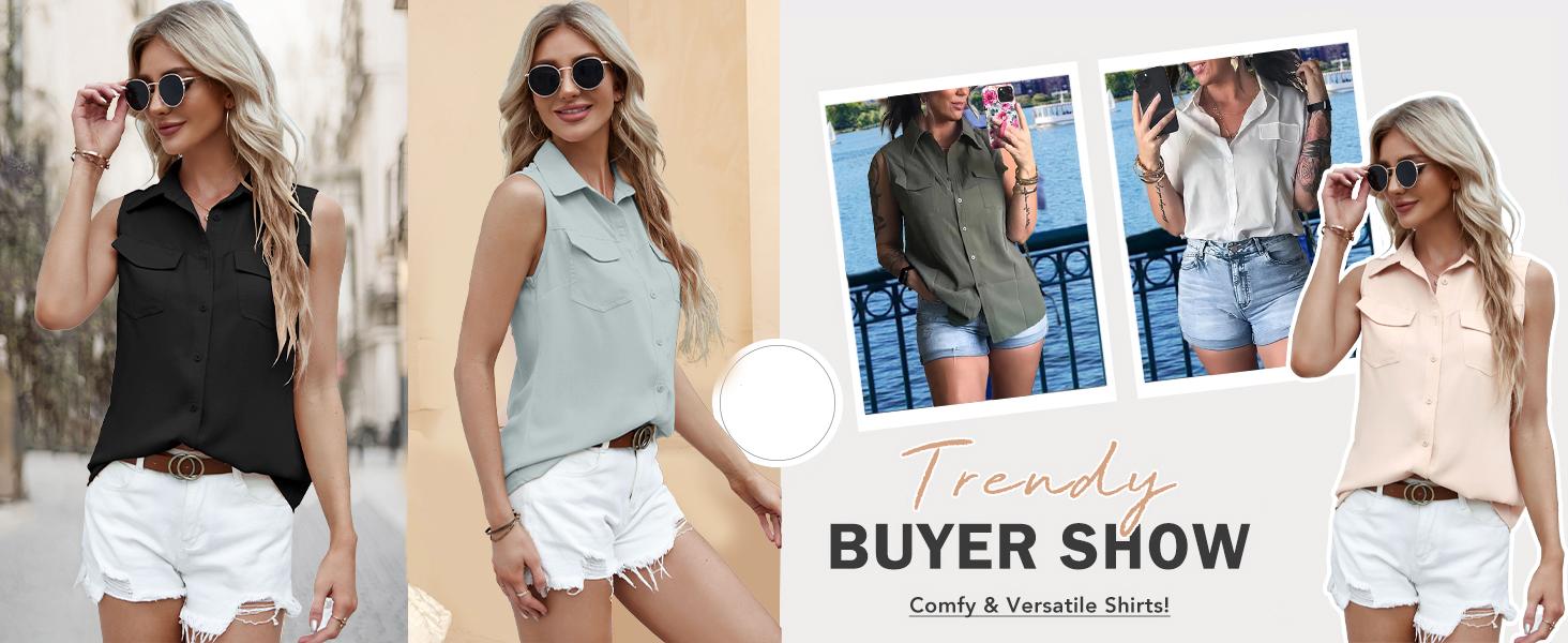 Goranbon Women's Solid Lapel Sleeveless Tank Tops Summer Button Down Shirts Office Ladies Shirts