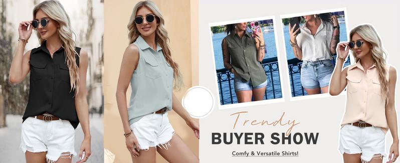 Goranbon Women's Solid Lapel Sleeveless Tank Tops Summer Button Down Shirts Office Ladies Shirts