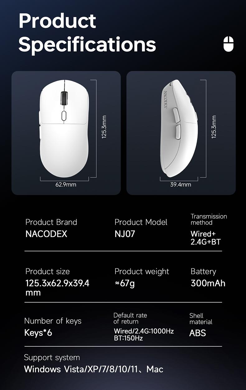 NJ07 Wireless Office Mouse AJAZZ Soft Tone Button the third mock examination Computer Office Mouse 1kHz Rate of Return Game Mouse 2.4G Wired BT Six gear DPI Adjustment 12800 Lightweight 67g Office Supplies Multi scenario Application