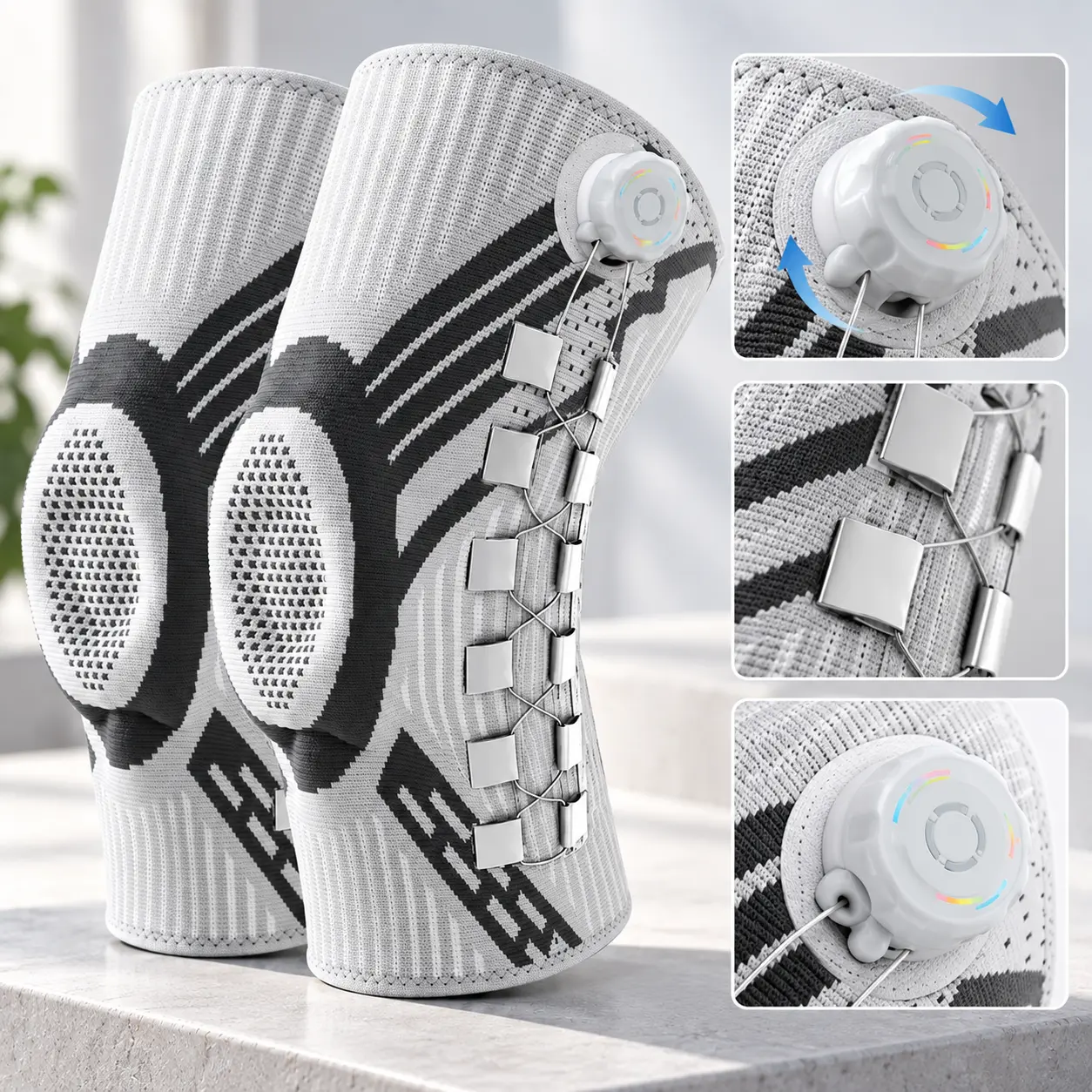 Unisex Polyester Micro-Adjustable Dial Knee Brace, Supportive Breathable Anti-Slip Custom-Fit Knee Support for Running, Gym
