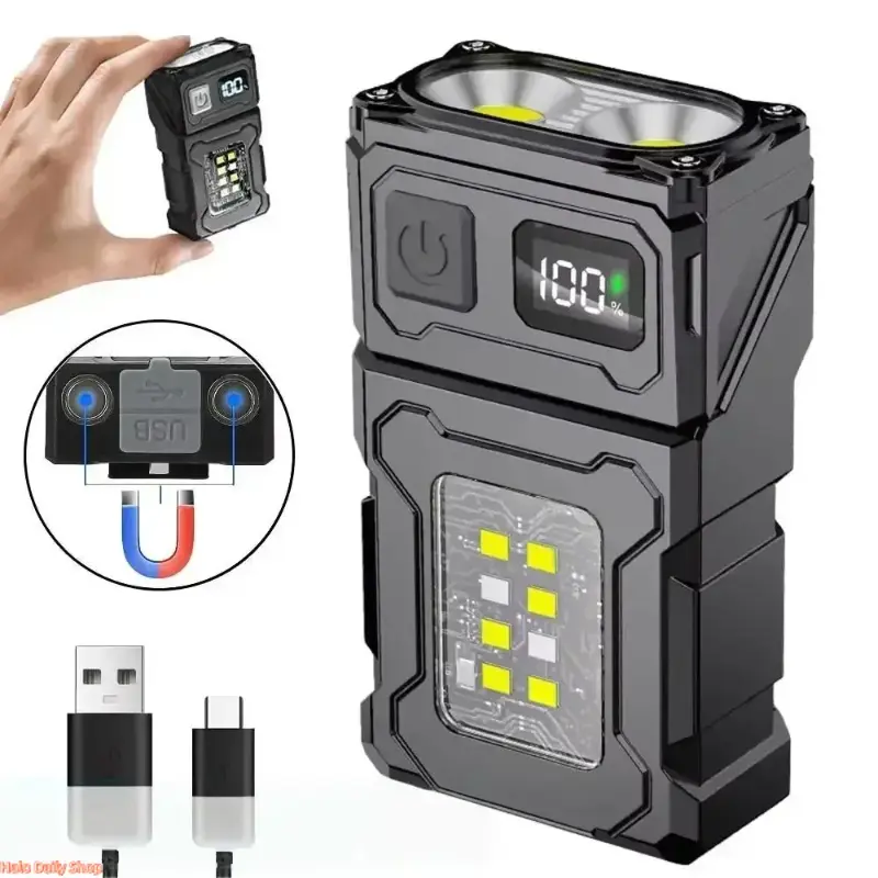 Super Bright Mini Magnetized COB+LED High Lumen Flashlight, USB Rechargeable, 180-Degree Rotatable, 8-Mode, IP45 Waterproof, Camping Emergency Light for Sports & Outdoor Use, Super Bright Flashlight