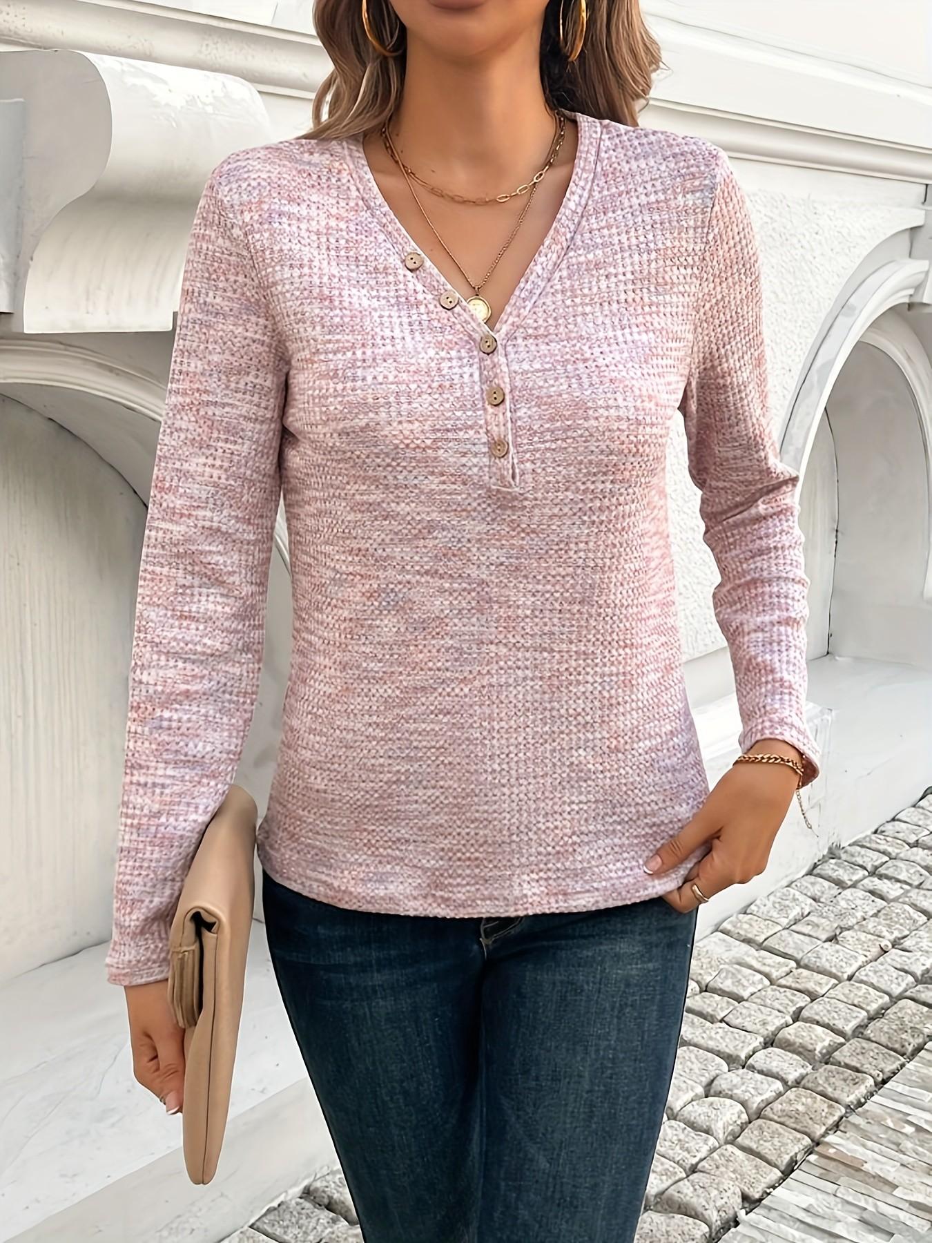 Women's Button V-Neck Long Sleeve T-Shirt, Stylish Casual Top, Comfortable Daily Wear, Perfect for Fall & Winter Season