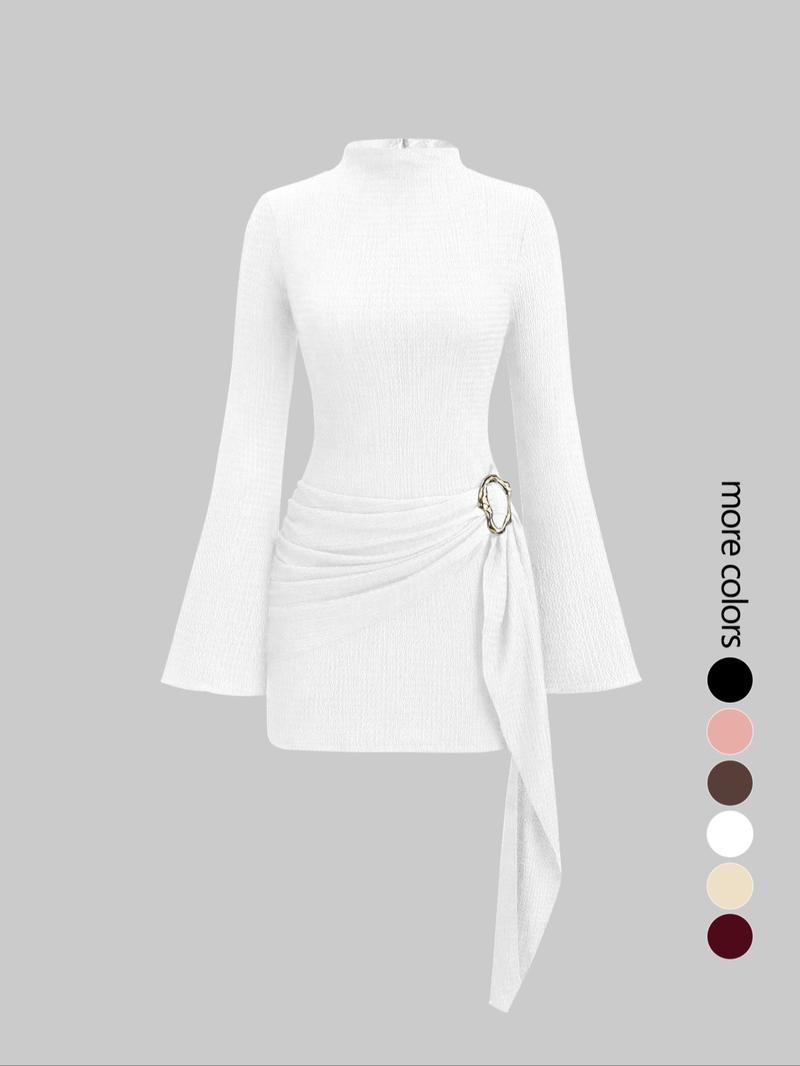 Women's stand-up collar, fitted waist, minimalist flared sleeves, metal buckle slim-fit midi dress, perfect for parties.