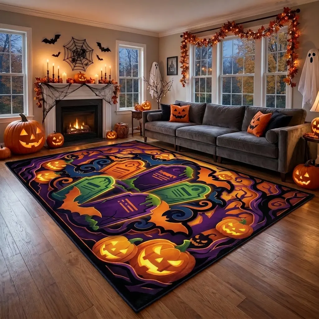 140x200cm (4.59'-6.56') Spooky Graveyard Horror Halloween Area Rug, Non-Slip Washable Carpet with Halloween Motifs, for Living Room Fireplace Indoor Decor Party Use, Living Room Decor, Spooky Theme
