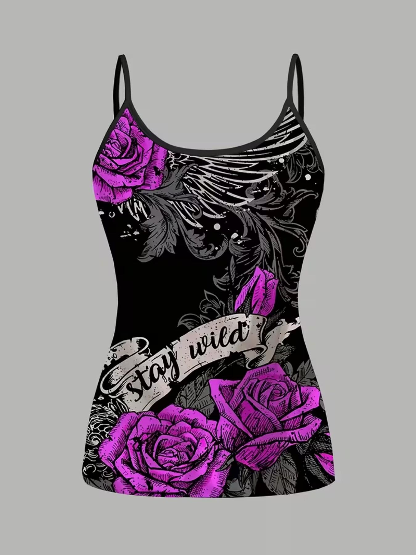 Gothic Rose Wing Print Strappy Set, Summer Home Sleepwear, Casual Sleeveless Slim-Fit Top, All over Print, Four-Piece