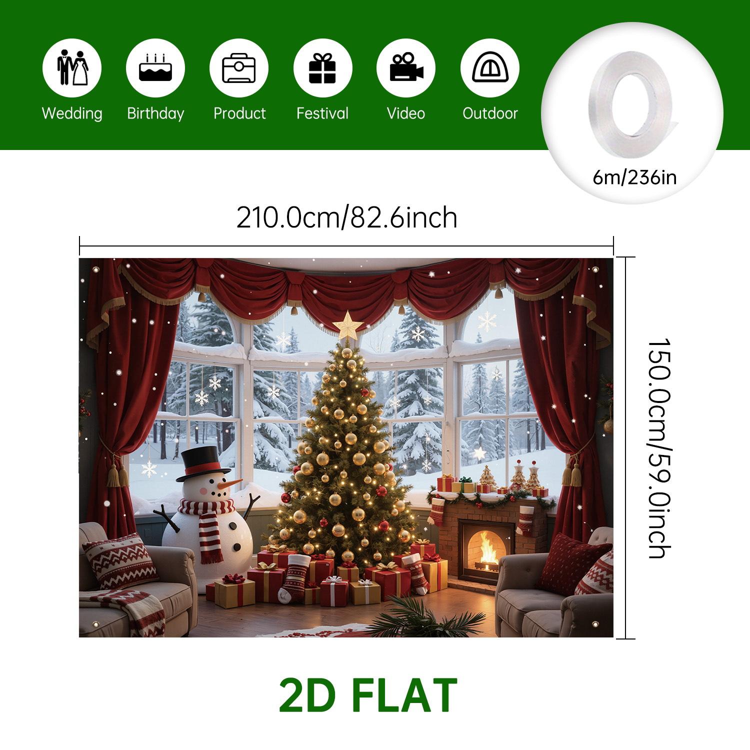 Christmas Theme Background Banner, Durable Polyester, Festive Home Decor, Tree with Bells, Gifts, Snowman, Fireplace, Party Decoration