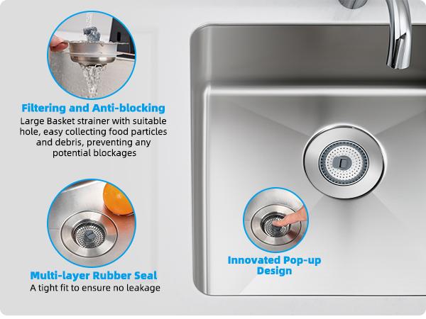 Kitchen Sink Drain Strainer 3 in 1, 304 Stainless Steel Pop Up Sink Stopper, Anti-Clogging Sink Drain Strainer for US Standard Kitchen Drain Kitchen Sink Drain Strainer 3 in 1, 304 Stainless Steel Pop Up Sink Stopper, Anti-Clogging Sink Drain Strainer for US Standard Kitchen Drain