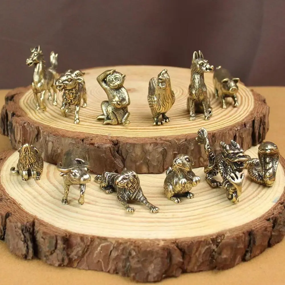 12 Pcs Chinese Zodiac Solid Brass Mini Figurines Set, Vintage Antique Patina Copper Statues, Oriental Retro Metal Craft Ornaments for Home Office Tea Room Decor & Collection