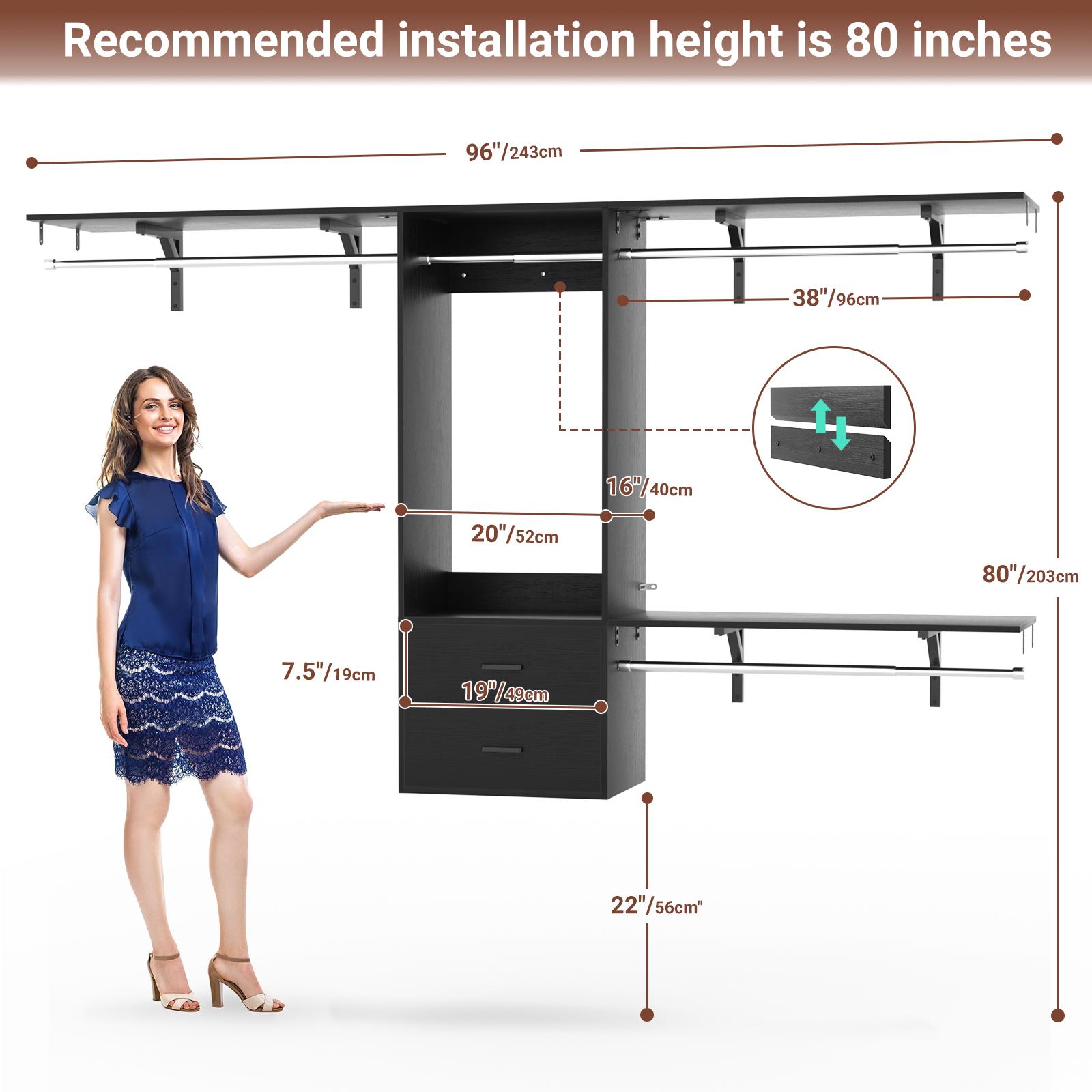 Deluxe Tower Closet Storage, 96 Inch Hanging Closet System, 8 FT Closet Organizer System with Hanging Rod, Walk In Mounted Closet System, Built-In Clothes Garment Rack with 2 Wooden Drawers & 3 Shelving Towers