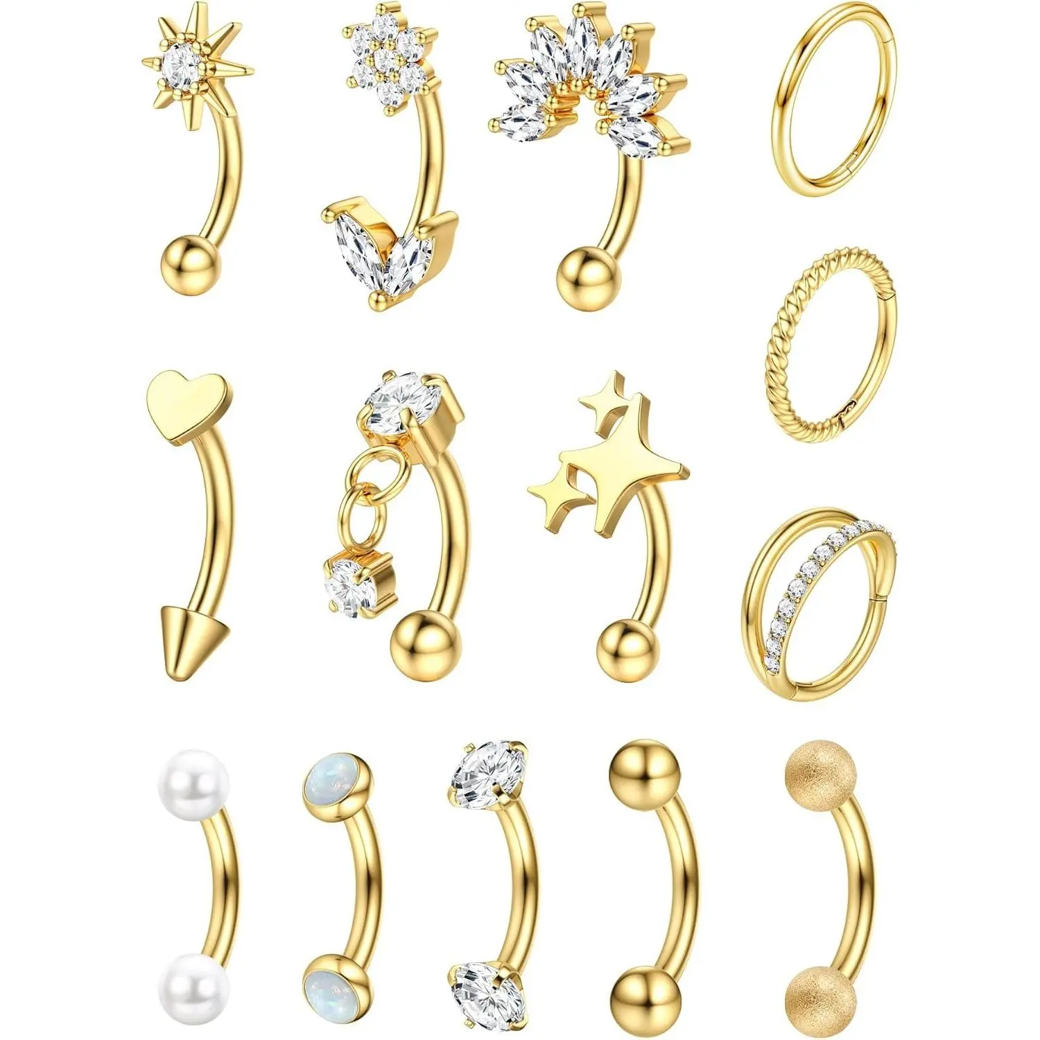 CASSIECA 16G Rhinestone Surgical Steel Curved Barbell Body Jewelry Set, 14Pcs Body Safe Dainty Hoop Piercing Jewelry for Women’s Rook, Daith, Cartilage Piercings, Design, Body Safe Piercing Jewelry Sohochic