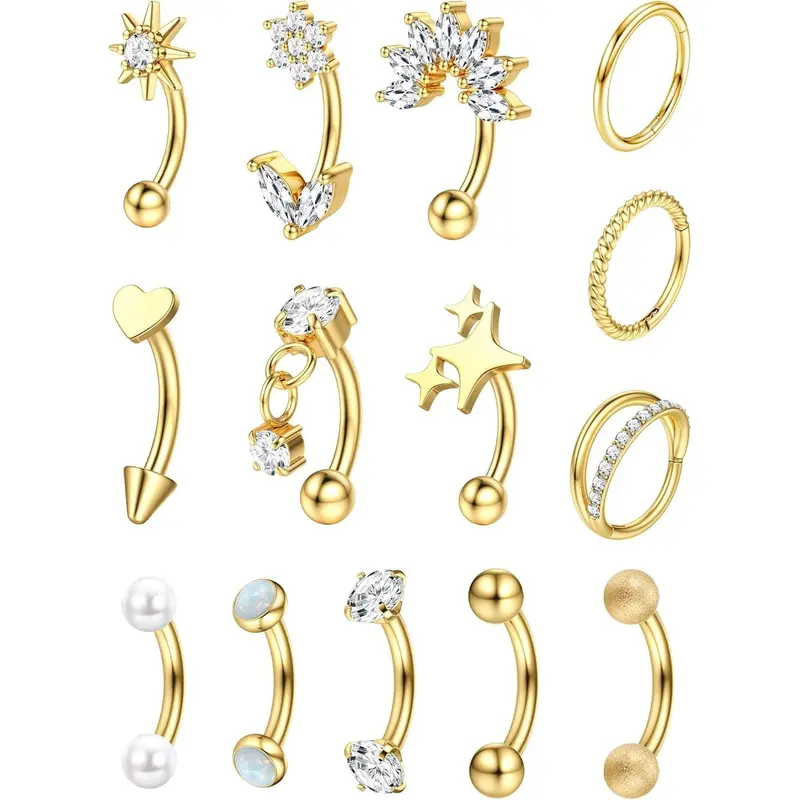 CASSIECA 16G Rhinestone Surgical Steel Curved Barbell Body Jewelry Set, 14Pcs Body Safe Dainty Hoop Piercing Jewelry for Women’s Rook, Daith, Cartilage Piercings, Design, Body Safe Piercing Jewelry Sohochic