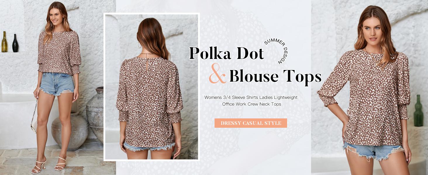 Cicy Bell Women's Polka Dot 3/4 Sleeve Blouse Tops Ladies Casual Office Work Crew Neck T-Shirt Spring Soft Crewneck