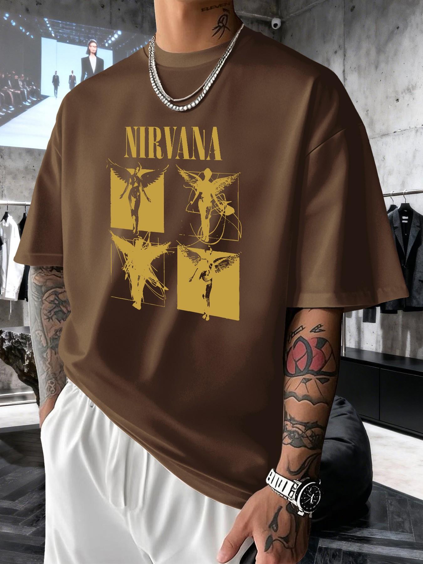 Nirvana Retro Rock Print Men's Fashion T-Shirt, Casual Graphic Short Sleeve Top, Comfortable Round Neck Tee for Spring Summer