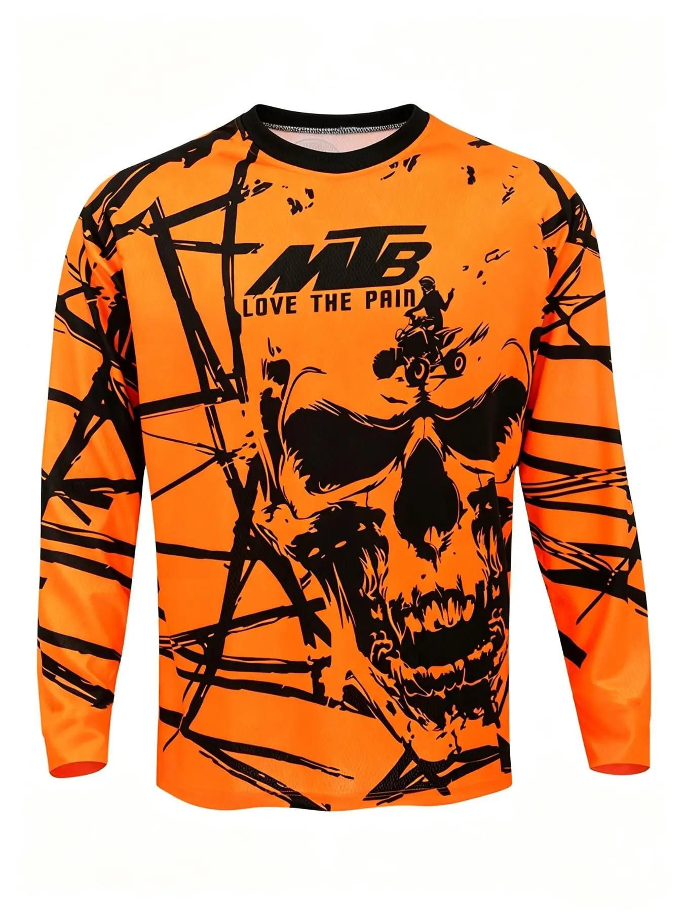 Men's Skull MTB Letter Print Long Sleeve Cycling Top, Quick-Dry Breathable Outdoor Mountain Sports Apparel