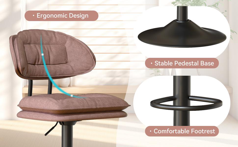 Modern BarStools Set of 2 Ergonomic Double-Layer Upholstered Swivel Bar Stools with Back Adjustable Height for Kitchen Island Durable Soft Fabric Chairs