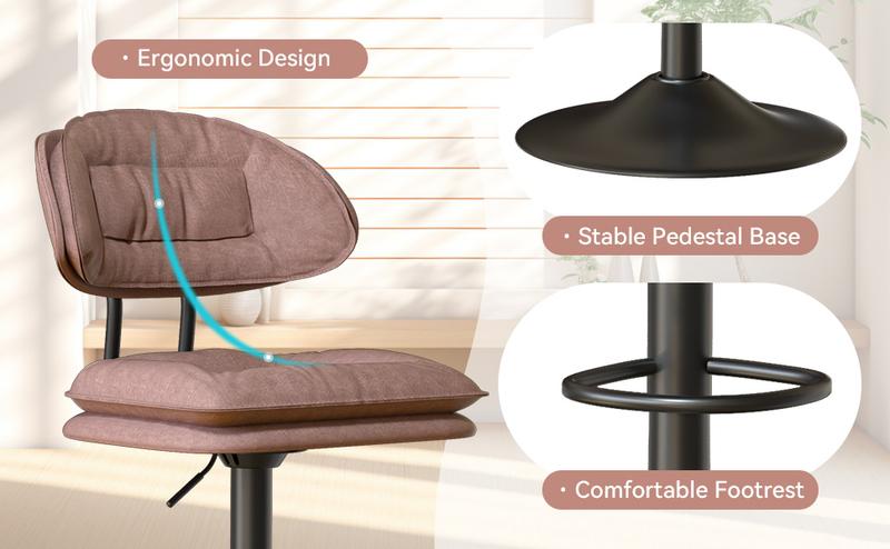 Modern BarStools Set of 2 Ergonomic Double-Layer Upholstered Swivel Bar Stools with Back Adjustable Height for Kitchen Island Durable Soft Fabric Chairs