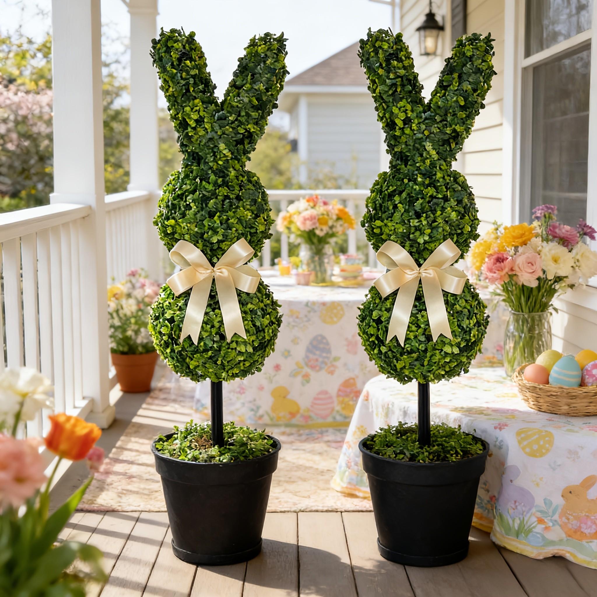 Artificial Easter Bunny Shaped Plastic Pruned Tree, Cute Rabbit Top Plant, Boxed Potted Plant for Home Garden Festive Decoration, Fake Indoor Plants