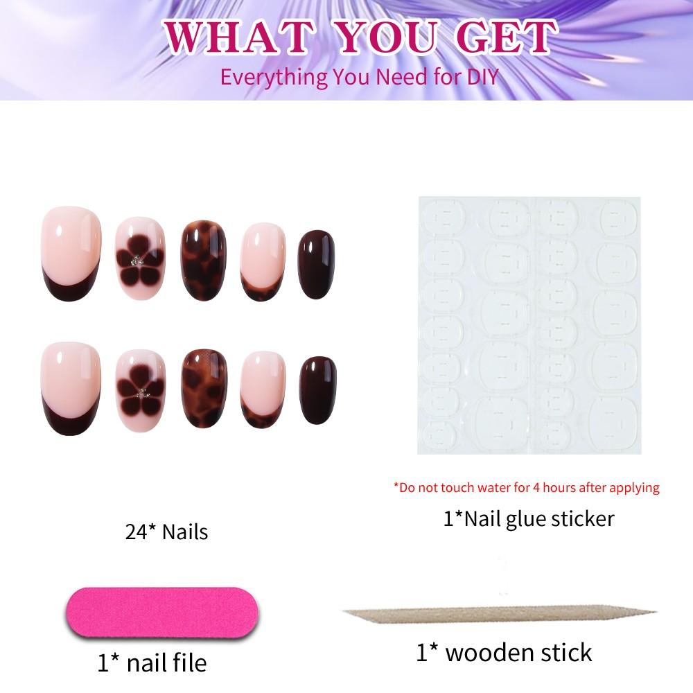24pcs Oval Press-On Nails, Leopard French & Flower Designs, Autumn Winter Acrylic False Nails Set, Easy Wear for Women and Girls