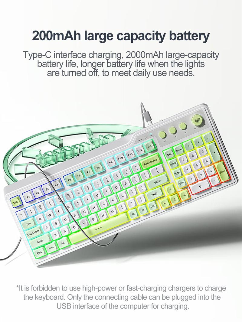 AULA F3099 membrane keyboard, features a 99-key layout, cool lighting effects, RGB Backlight Keyboard, supports wired and wireless connectivity, a 2000mAh rechargeable battery, quiet key presses, and compatibility with Windows/Mac/iOS devices. office use.