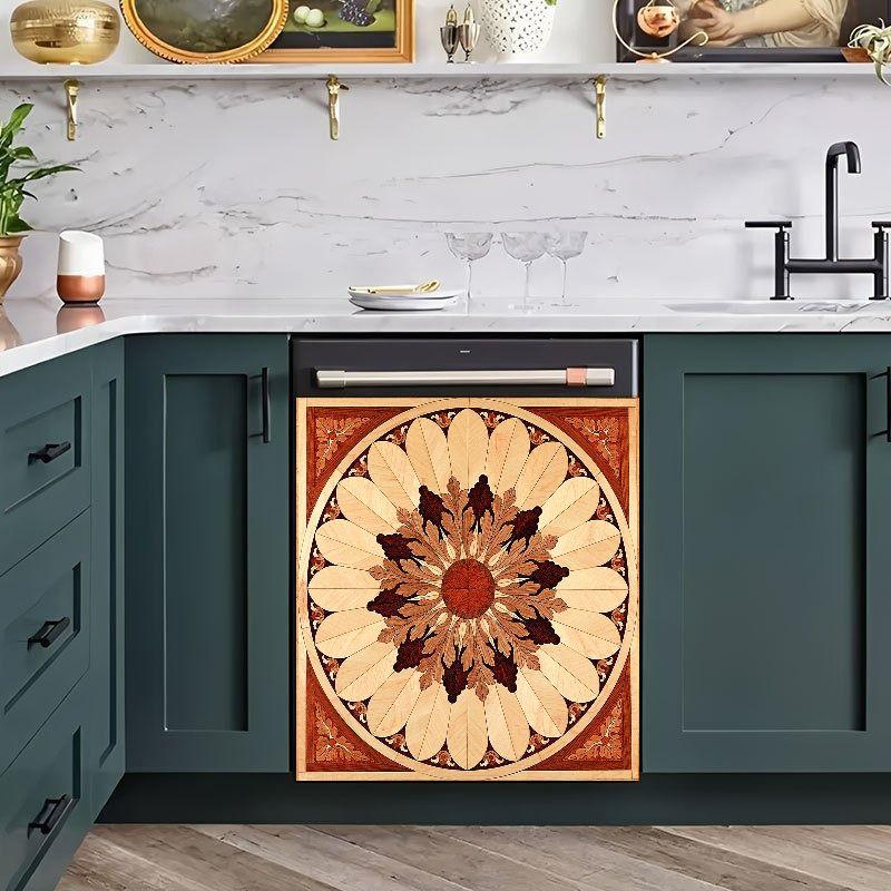 2D Flat 2Pcs Dishwasher Front Panel Cover Decal Sticker Wooden Mandala Sunburst Pattern Kitchen Appliance Decorative Stickers Waterproof PVC Home Decor for Refrigerator Washing Machine Furniture Makeover Boho Rustic Style