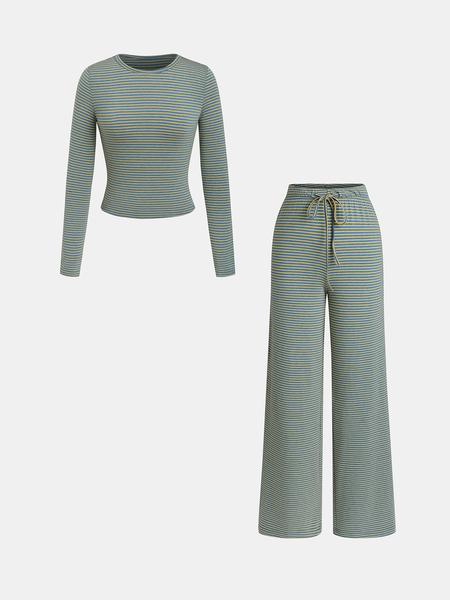 Women's Striped Print Long Sleeve Tee & Pants, Casual Two-piece Set for Daily Wear, Ladies Two-piece Outfits for All Seasons