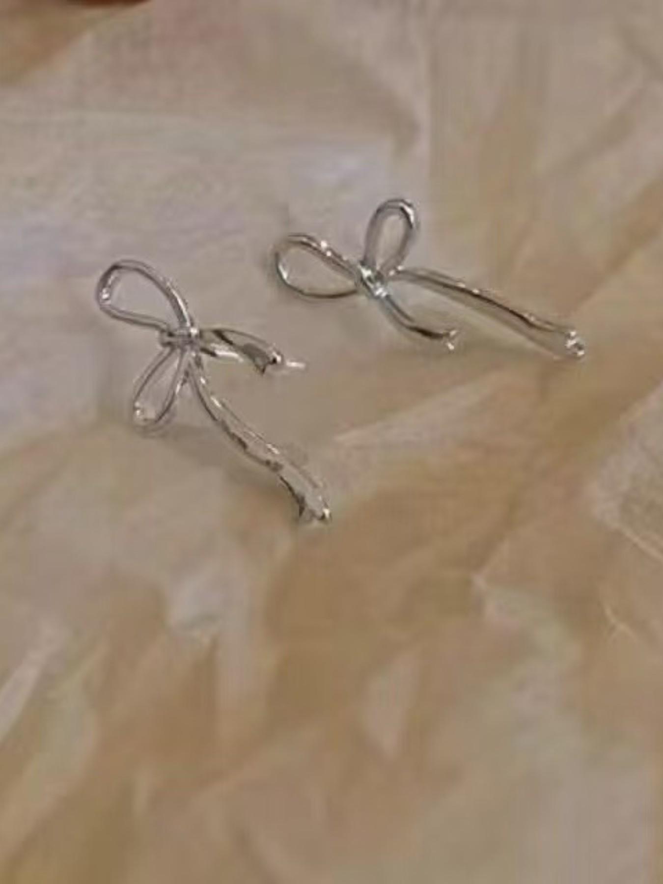 Minimalist Silver Color Bow Stud Earrings for Women, Unique Hollow Design, Elegant All-Season Jewelry, Versatile Commute Ear Accessories