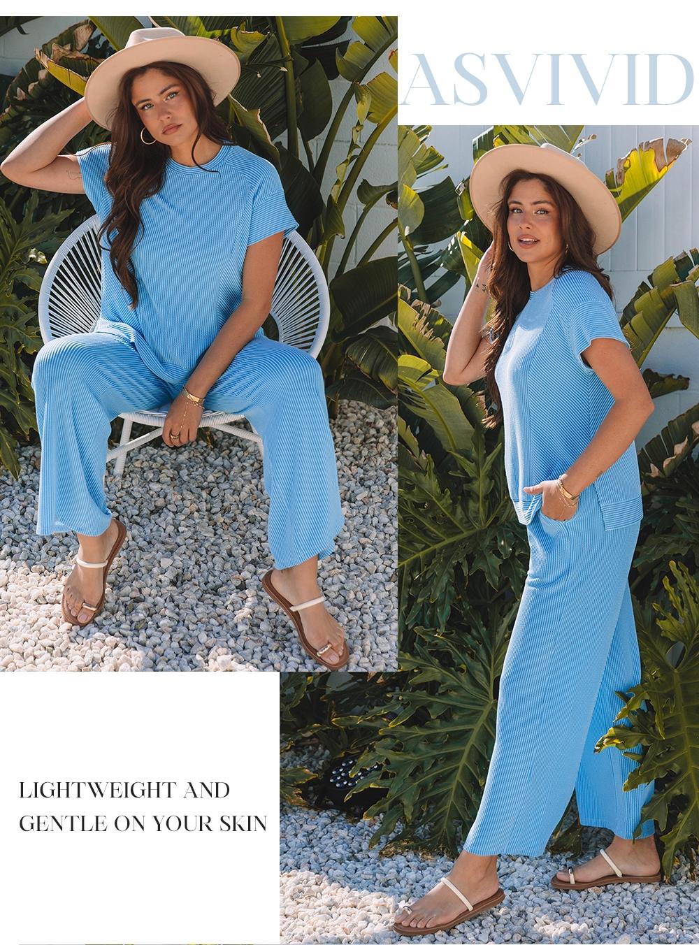 Women's Twisted Ribbed Knit Solid Color Set - Round-neck Short Sleeve T-Shirt & Wide Leg Pants with Side Pockets, Casual Comfy for Summer Daily Wear, Co Ord Sets