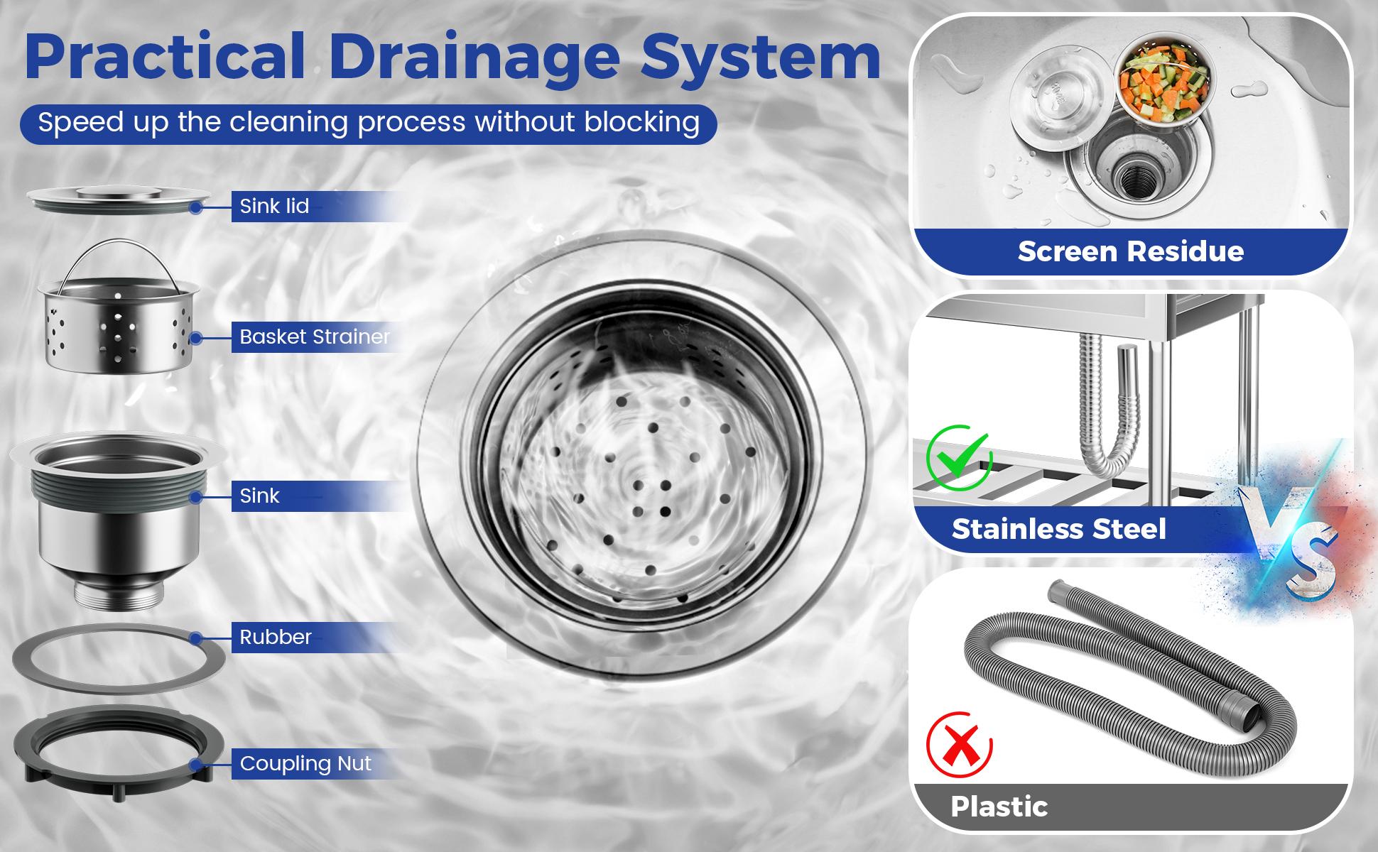 Stainless Steel Utility Sink, Free Standing Single Bowl Commercial Kitchen Sink w/Workbench & Storage Shelf, w/Hot & Cold Water Pipes & Faucet for Laundry Room, Farmhouse, Indoor/Outdoor