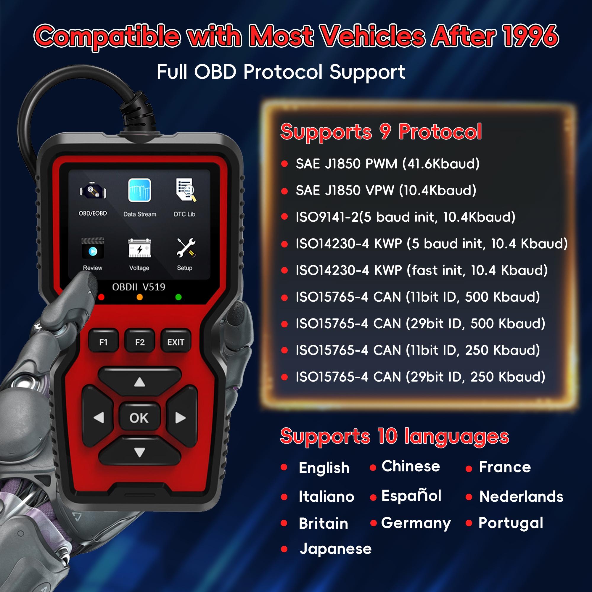 Enhanced Obd2 Scanner Code Reader, Car Engine Check Tool, Automotive Diagnostic Scanner, Reads and Erases Fault Codes, Fits All Obd Ii Cars Since 1996, No Battery Needed