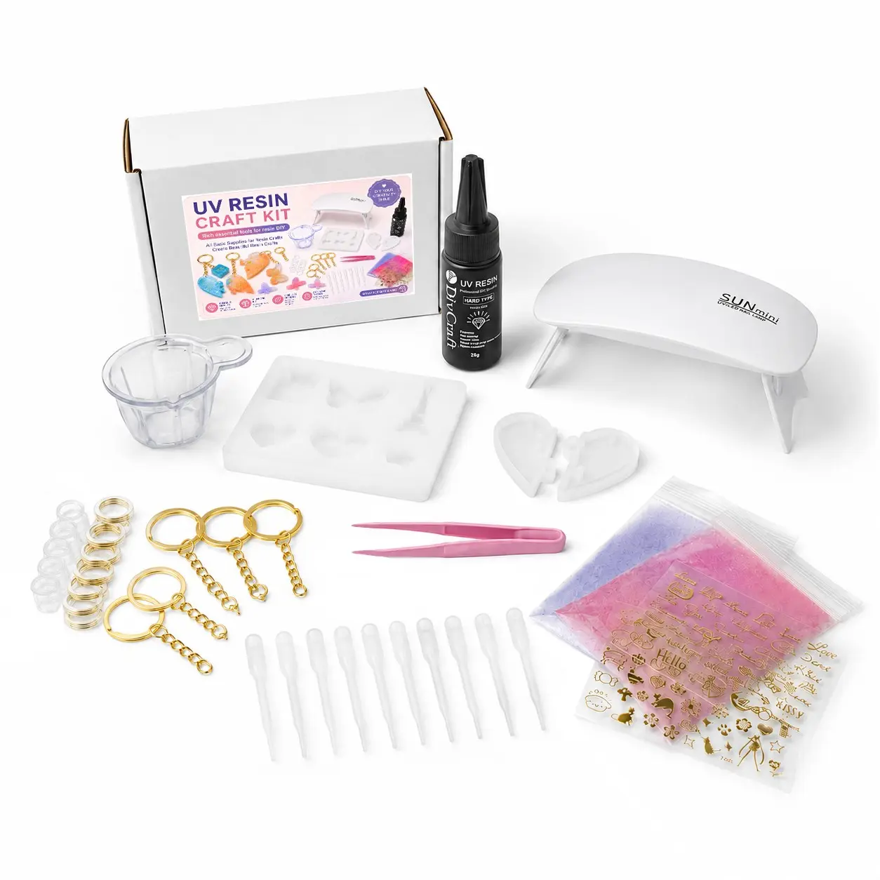55pcs/set DlY UV resin jewelry mold craft kit, equipped with UV lamp, 25g UV resin adhesive, suitable for making heart-shaped pendant kits, resin accessories, epoxy keychains, jewelry making, suitable for beginners to make entry-level kits