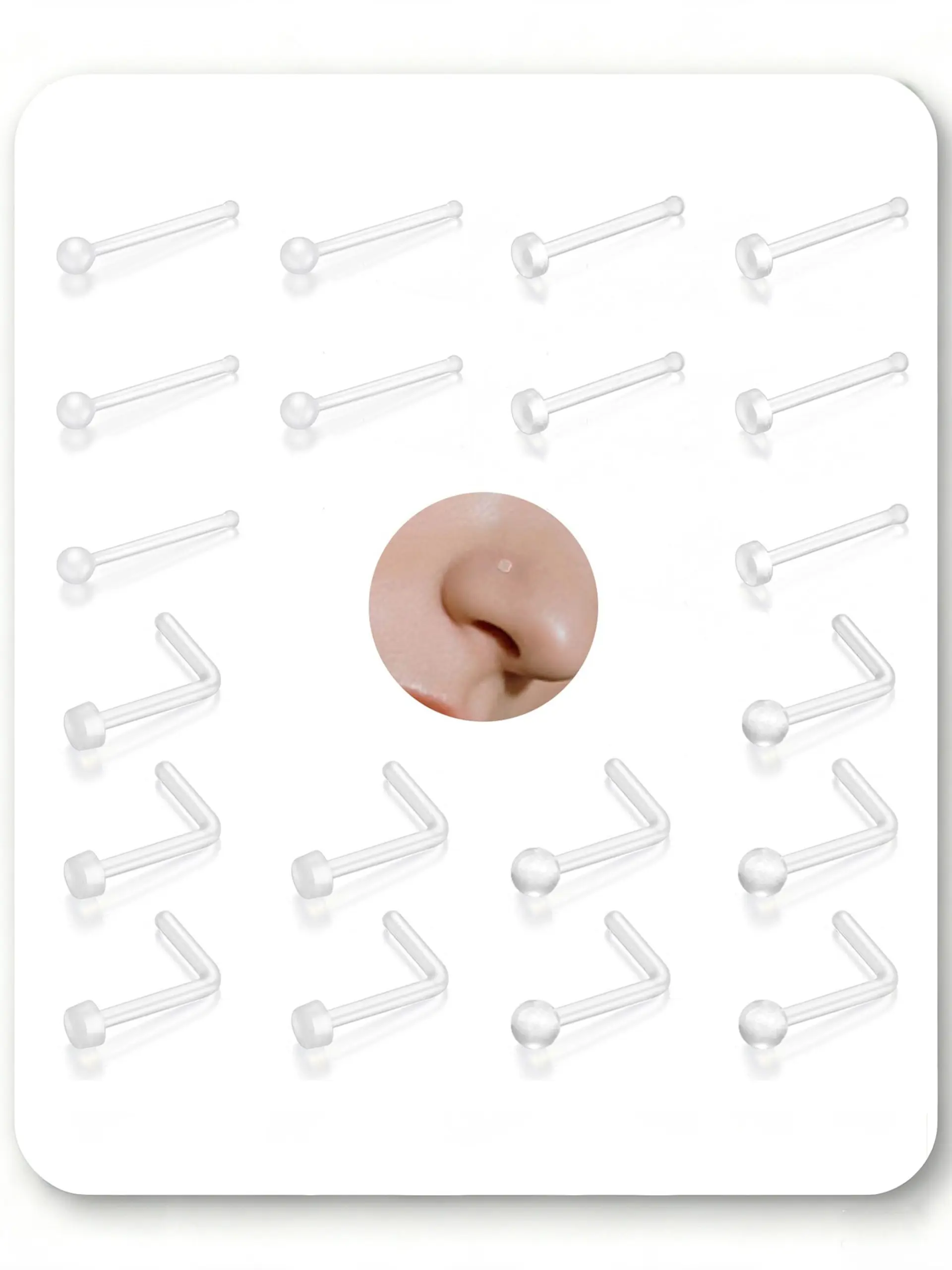 20Pcs Clear Nose Rings Retainer Set – 18G/20G I & L Shape Flexible Studs, Flat & Round 2mm Top Invisible Nose Piercing Jewelry for Work Hospital Surgery Back to School