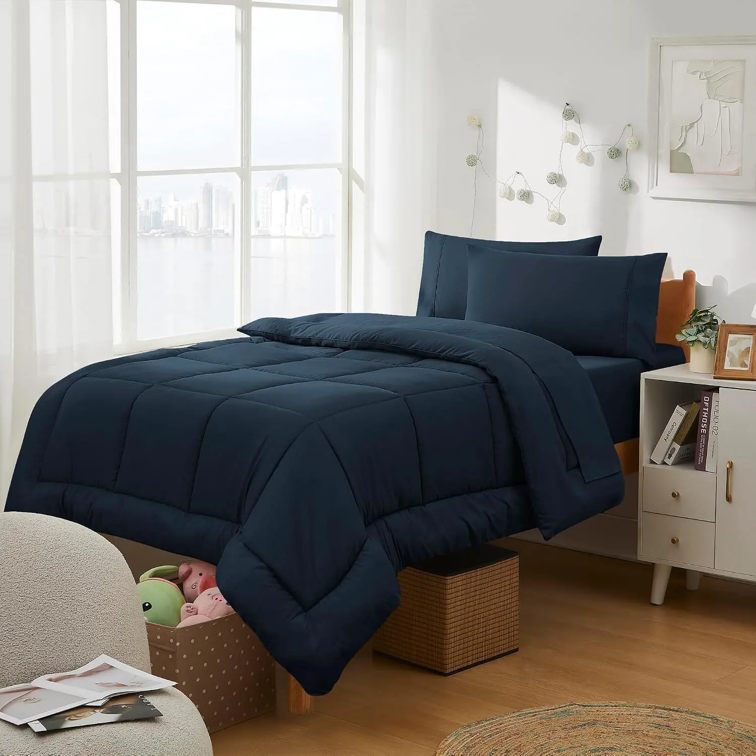 Dorm Room Essentials College Bedding Comforter Set 5 Piece Twin XL Size Bed in a Bag for College Students Boys and Girls, Twin XL, Navy Blue
