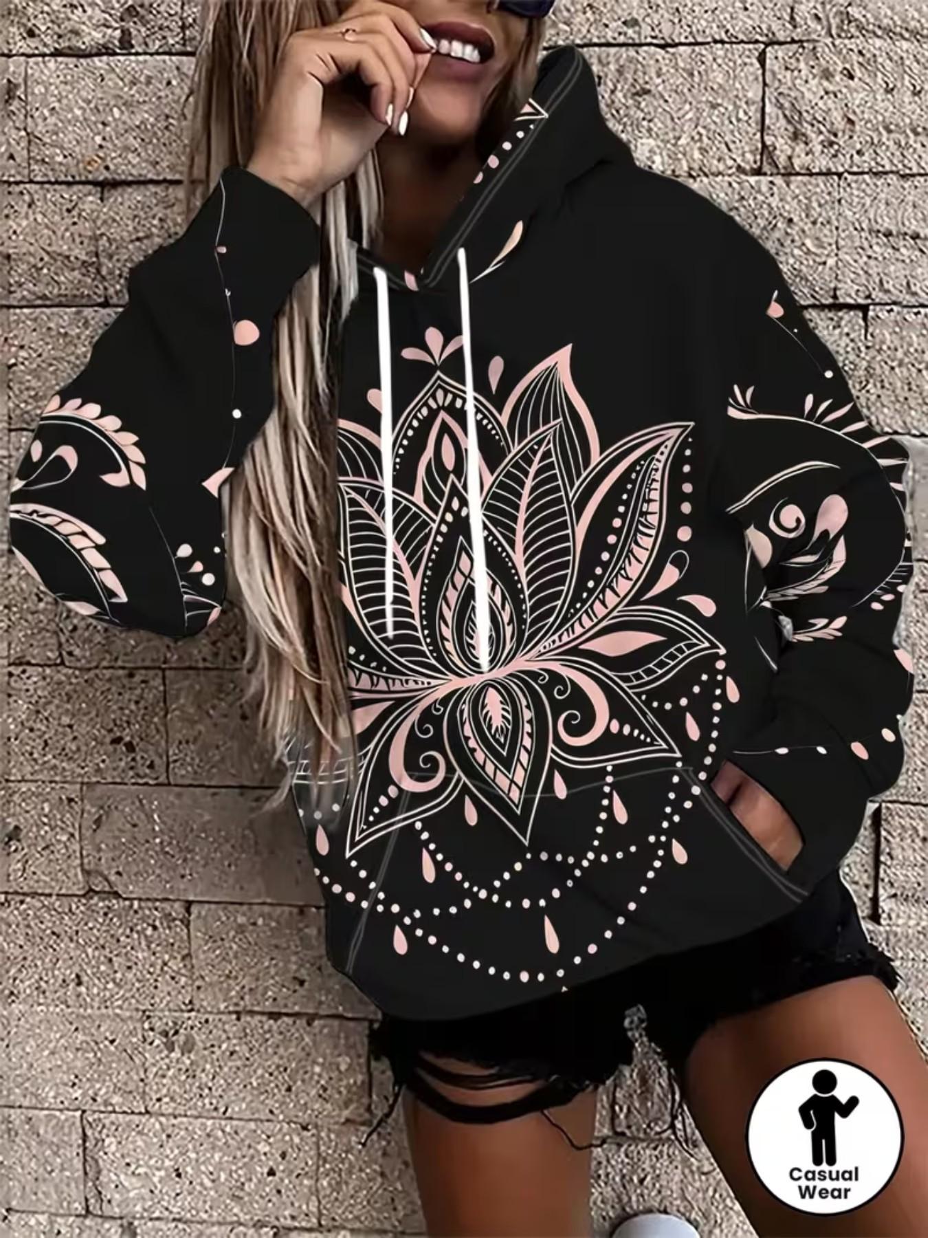 Women's Lotus Mandala Print Hoodie, Boho Bohemian Style Casual Long Sleeve Top, Loose-Fitting All Seasons Apparel
