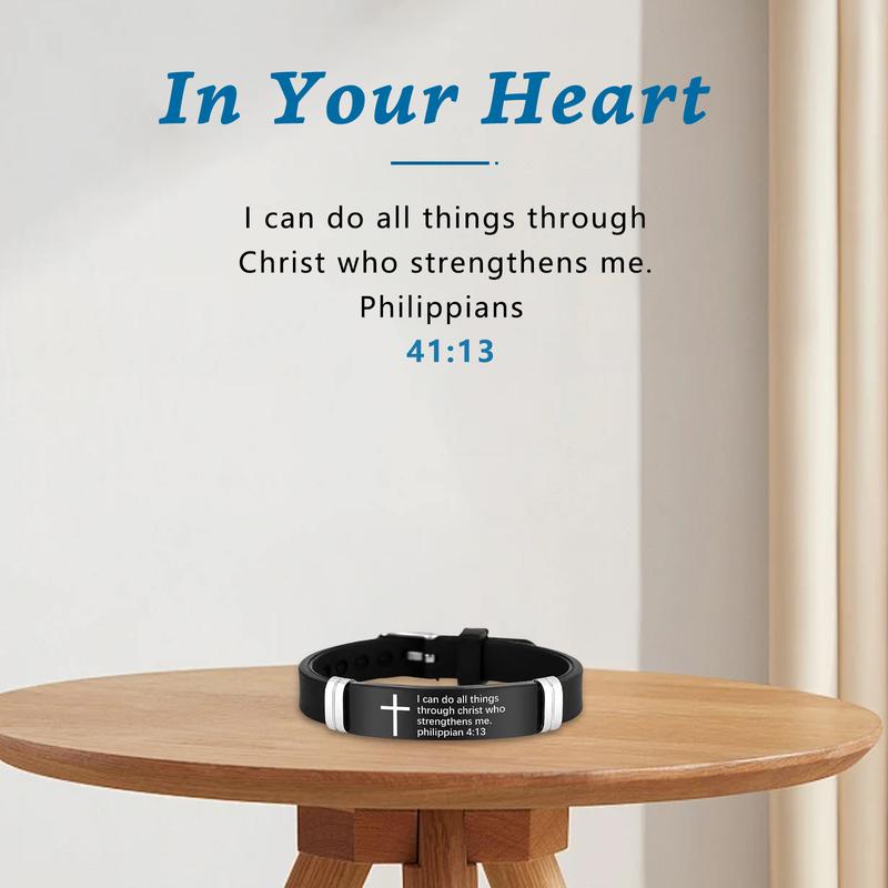 Inspirational Quote Bible Verse Cross Bracelets Faith Christian Silicone ID Wristband Religious Gifts for Men Women Stainless Steel Rubber Adjustable Bracelet