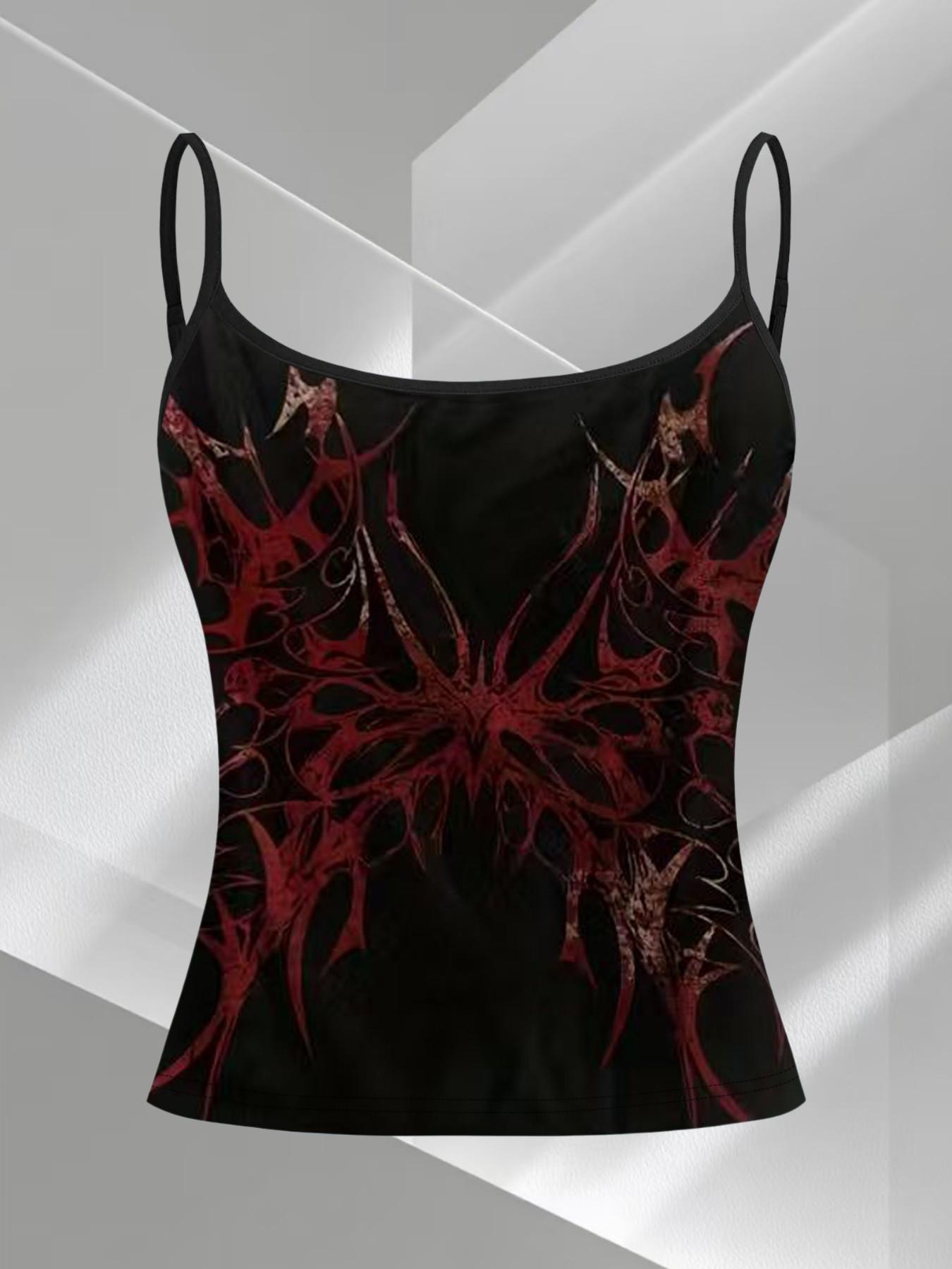 Dark Thorn Totem Print Strap Top, Subculture Y2K Cyber Atmosphere, Summer Slim-Fit Three-Piece Set, Casual Sleeveless Clothing