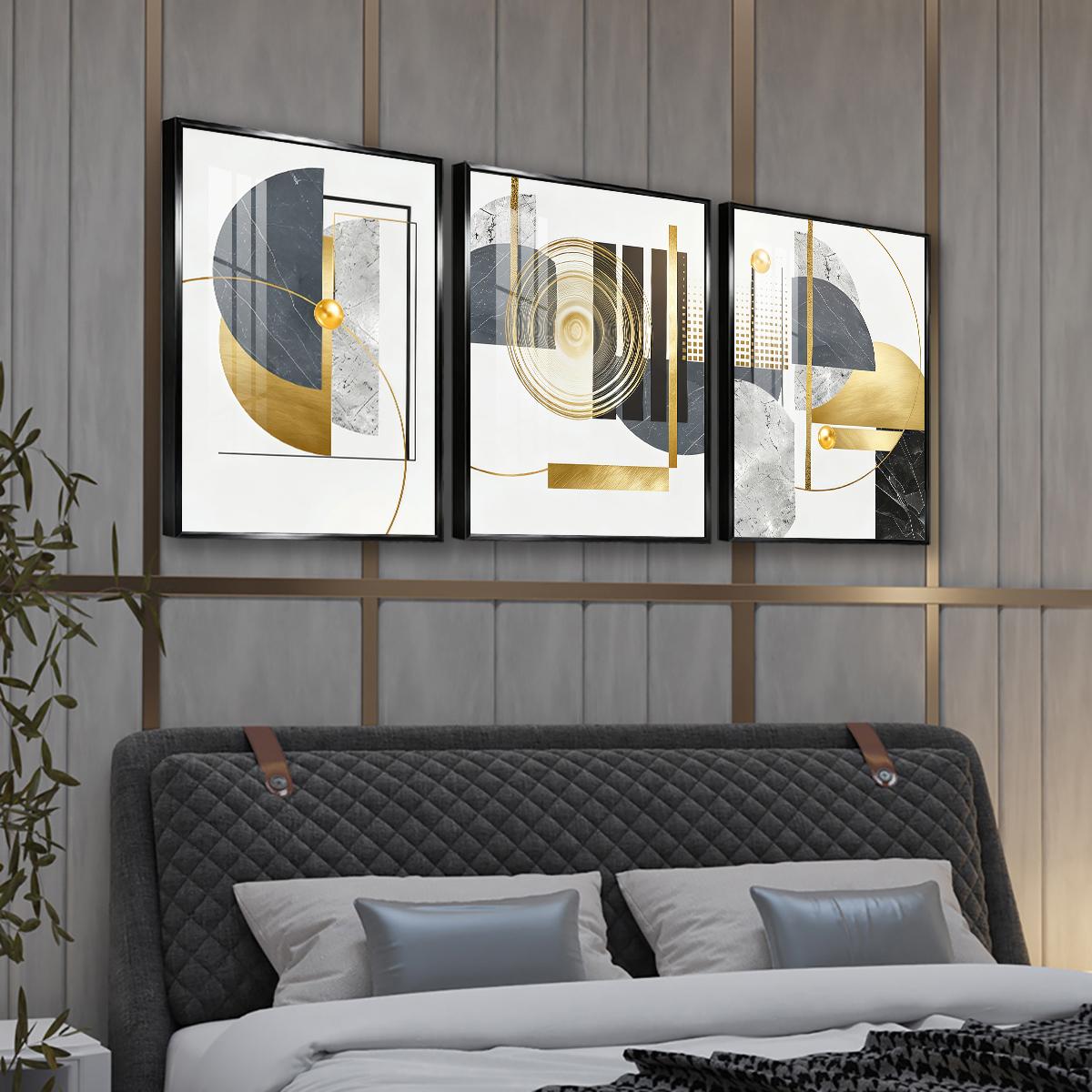 3 Counts Aluminum Alloy Framed Painting, Geometric Gold And Grey Abstract Art, Home Decoration For Living Room, Bedroom, Office, Restaurant, Hallway Wall Decor, Odorless Print Artwork, Luxury Perfect Gift For Friends And Family