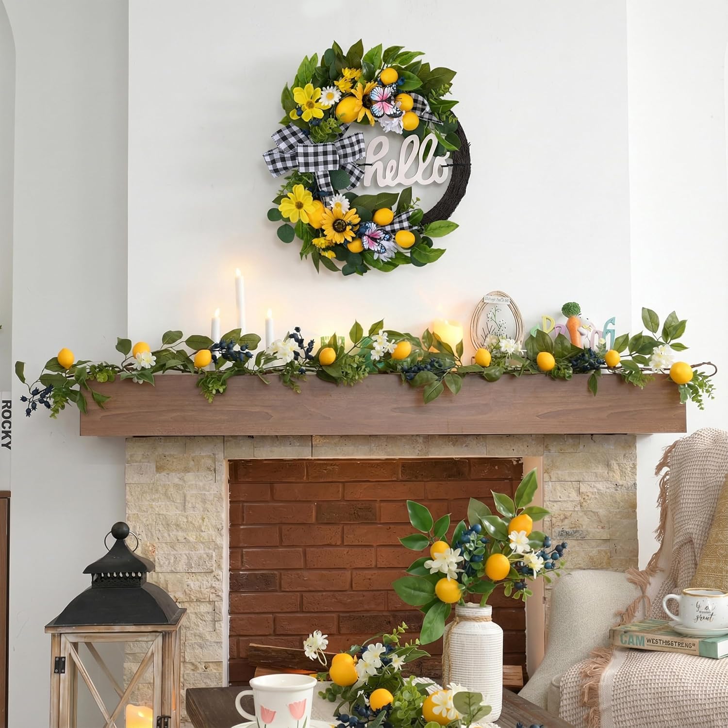24'’ Collapsible Pre-lit Spring Summer Lemon Wreath for Front Door, Lighted Yellow Sunflower Wreaths with Hello Sign & Ribbon, Farmhouse Home Porch Wall Kitchen Amalfi Coast Decor