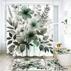 1/4pcs Sage Green Botanical Bathroom Decor Set - Watercolor Floral Shower Curtain with Hibiscus & Eucalyptus, Matching Toilet Lid Cover, Contour Rug, Bath Mat & Accent Rug - Modern Farmhouse Style for a Calming Retreat Bathroom Decoration Accessories