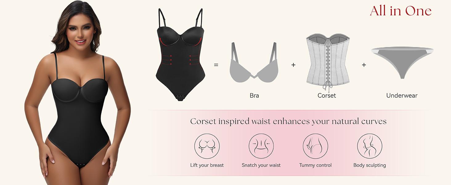 Curvy-faja Seamless Bodysuits Shapewear for Women One Piece Low Back Lace-up Thong Tops