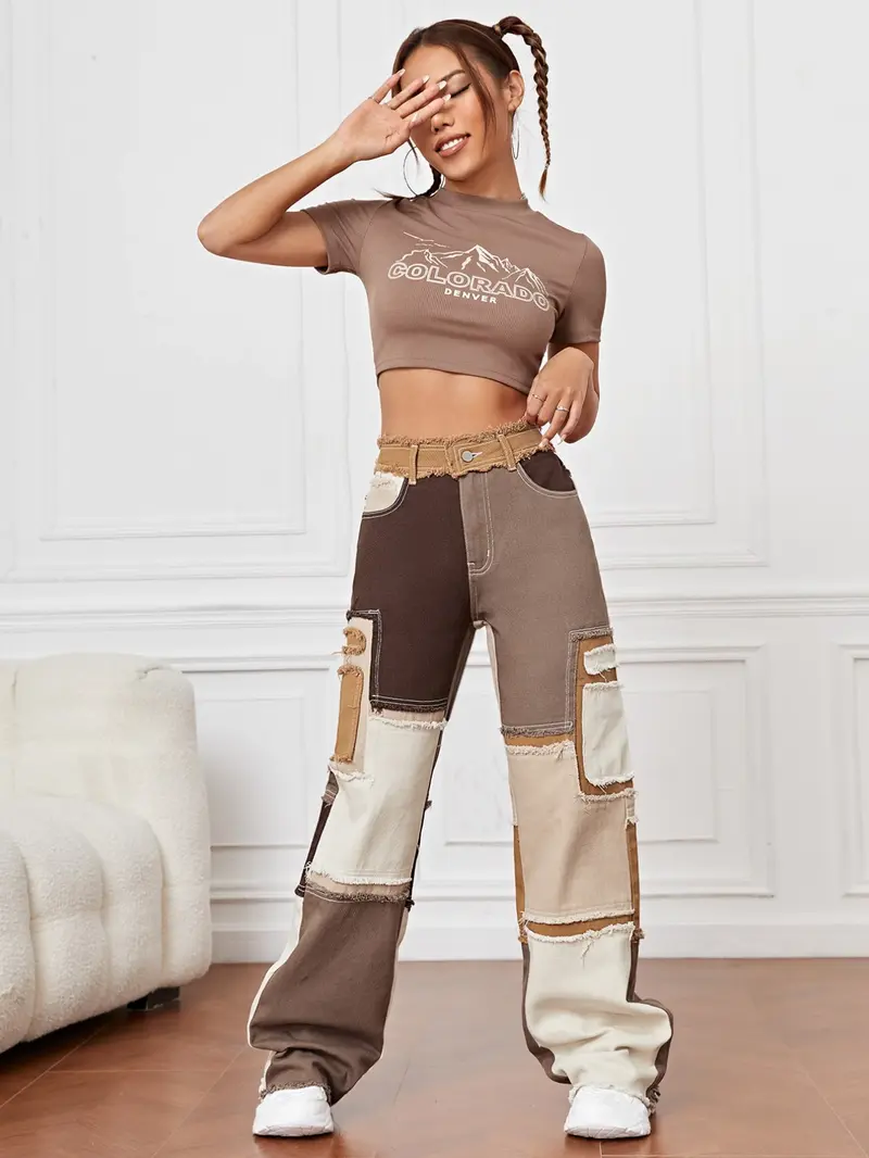 (petite) Marled Patchwork Denim Straight-Leg Pants, Casual Fitted Jeans for All Seasons, Trendy Streetwear for Music Festivals