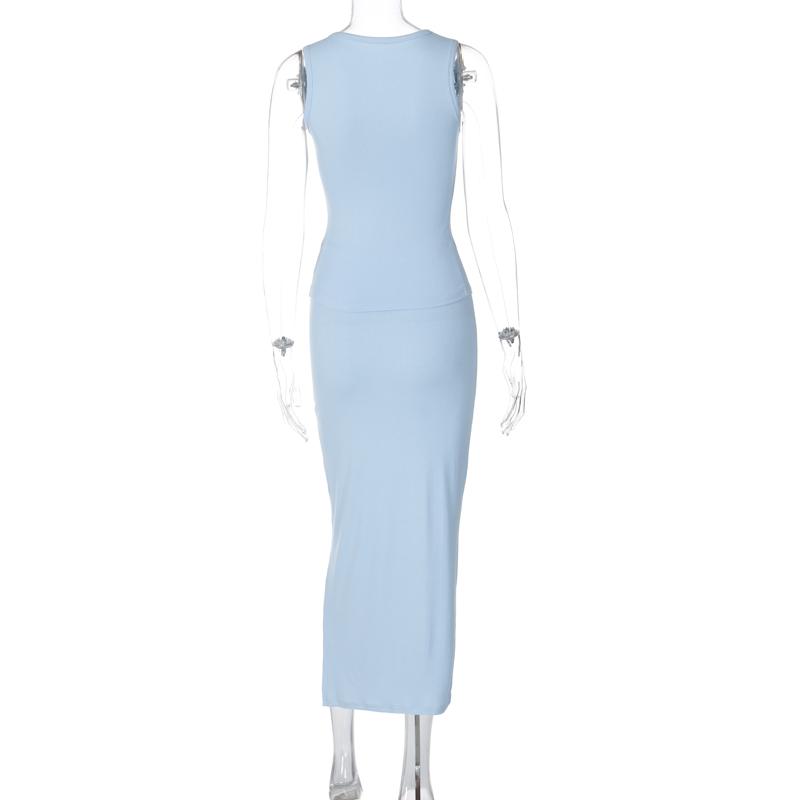 Ribbed Button Front Tank Top & Midi Fishtail Skirt Two Piece Set Women's 2025 Summer Casual Elegant Slim Bodycon Suit for Night Party Club Beach Vacation Outfits Suit