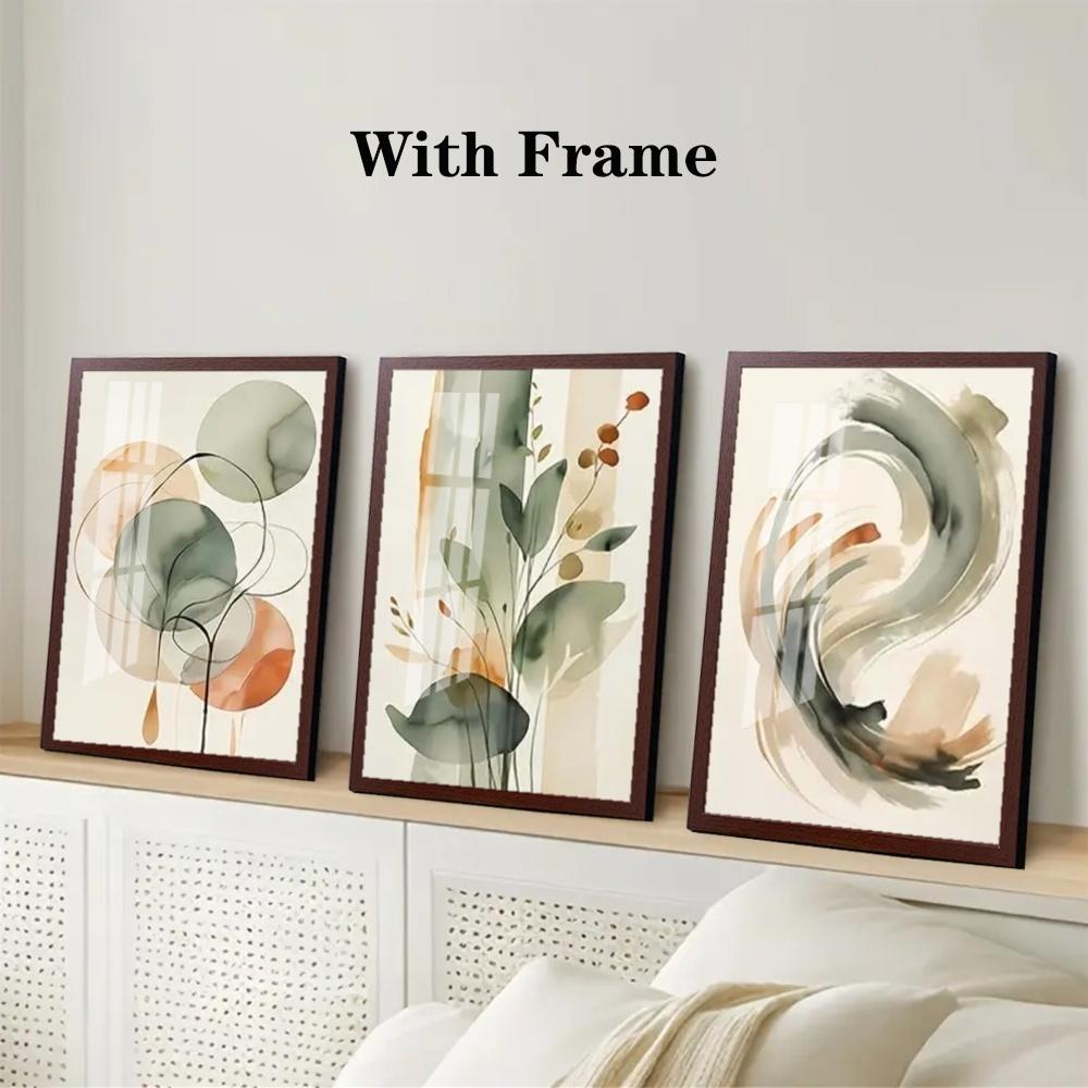 3-Piece Optional Wooden Frame Beige Sage Green Abstract Watercolor Plant Geometric Art Poster High Grammage Moisture-proof Tear-resistant Canvas Color Print High Color Accuracy Non-deformation Modern Minimalist Living Room Bedroom Wall Decor